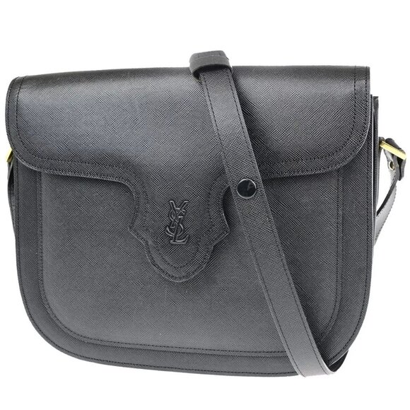 YVES SAINT LAURENT YSL Logo Shoulder Bag Leather Black GHW